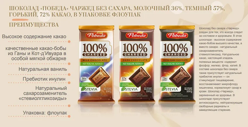 Шоколад «Тёмный без добавления сахара 57 % какао «Чаржед»