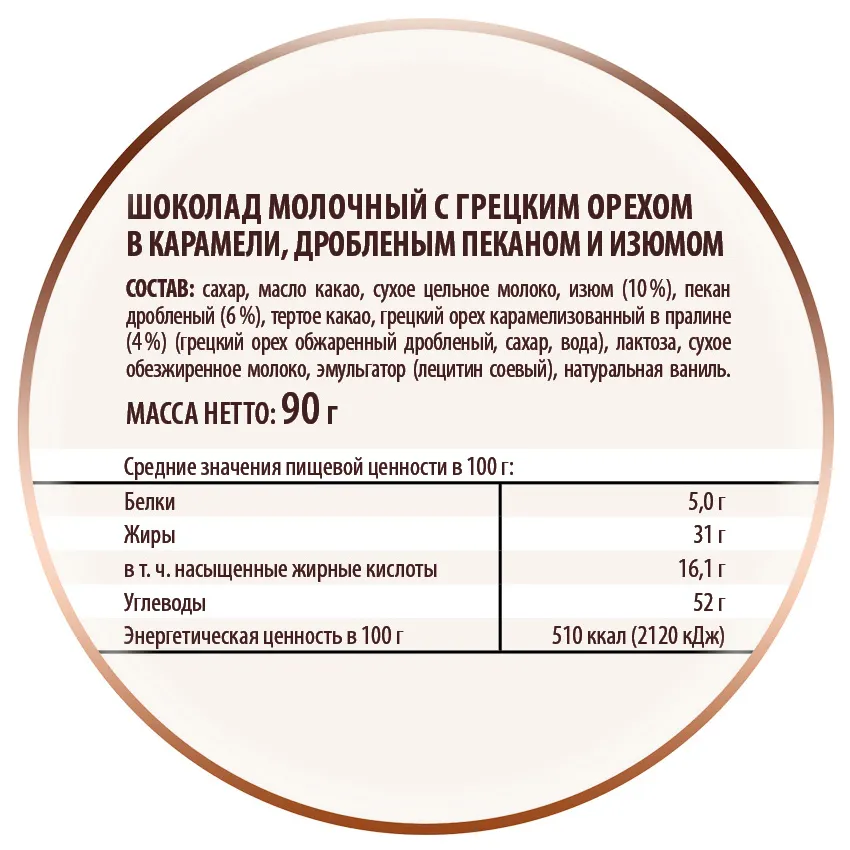 Шоколад «Молочный с грецким орехом в карамели, дробленым пеканом и изюмом», 90 гр