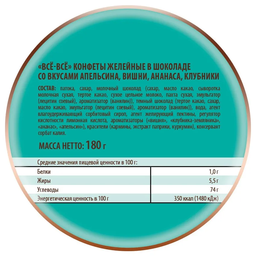 Мармелад желейный  в шоколаде «Всё-всё»  со вкусами апельсина, вишни, ананаса, клубники