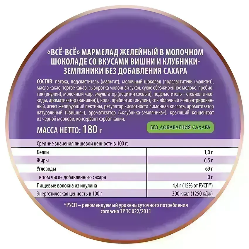 Мармелад желейный в молочном шоколаде «Всё-всё» со вкусами вишни и клубники-земляники без добавления сахара