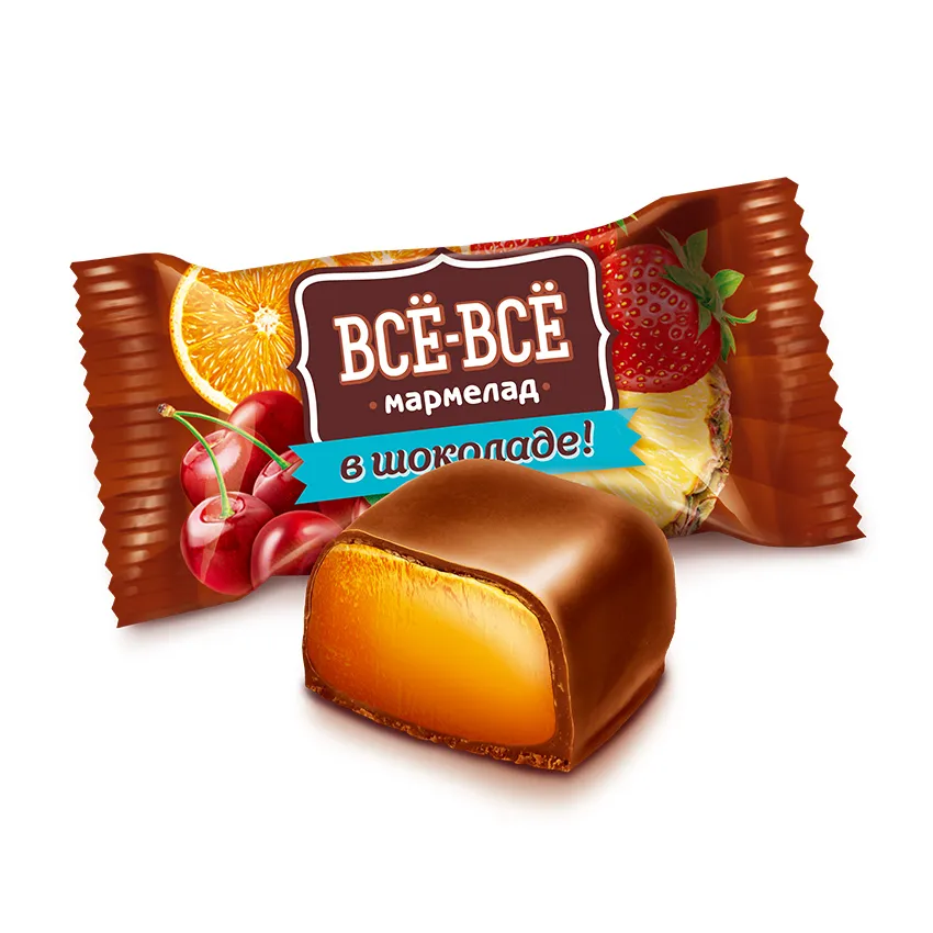 Мармелад желейный в шоколаде «Всё-всё» со вкусами апельсина, вишни, ананаса, клубники