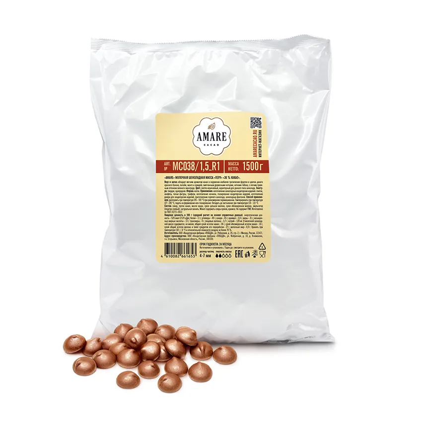 Молочный шоколад «Перу 36 %», в каплях. Какао-бобы из Перу.