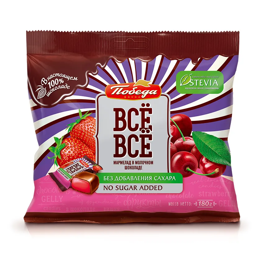 Мармелад желейный в молочном шоколаде «Всё-всё» со вкусами вишни и клубники-земляники без добавления сахара
