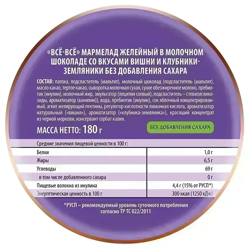 Мармелад желейный в молочном шоколаде «Всё-всё» со вкусами вишни и клубники-земляники без добавления сахара