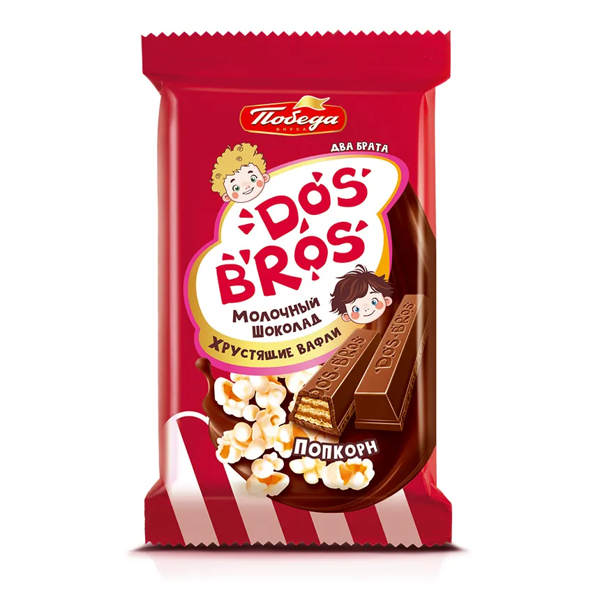 Шоколад молочный "Dos Bros" с хрустящей вафлей с молочной начинкой со вкусом попкорна, 37 гр