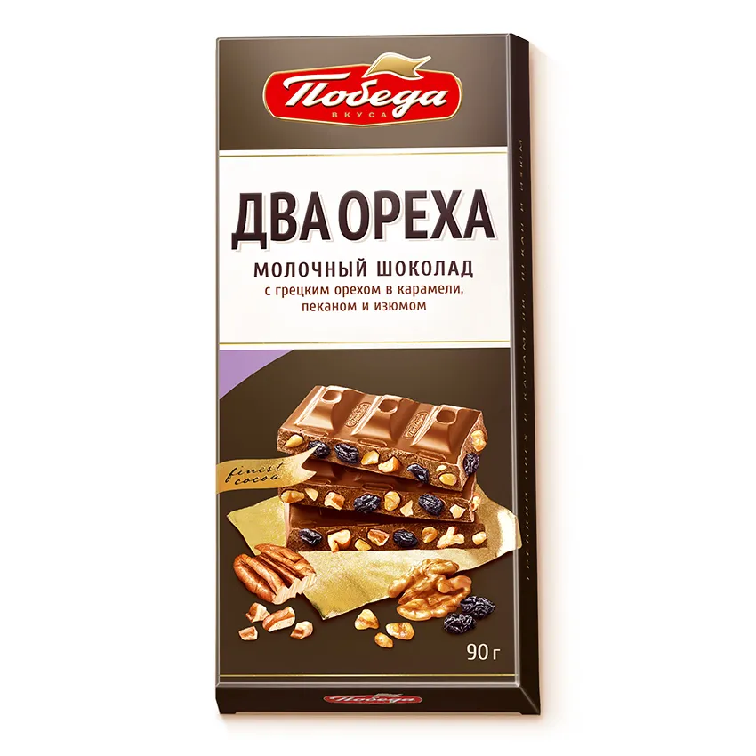 Шоколад «Молочный с грецким орехом в карамели, дробленым пеканом и изюмом», 90 гр