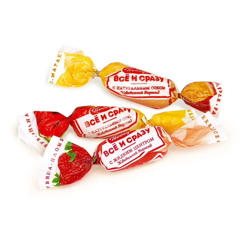 Мармелад жевательный «Всё и сразу» с фруктовой начинкой (клубника-пломбир, ананас-маракуйя, арбуз-ананас)