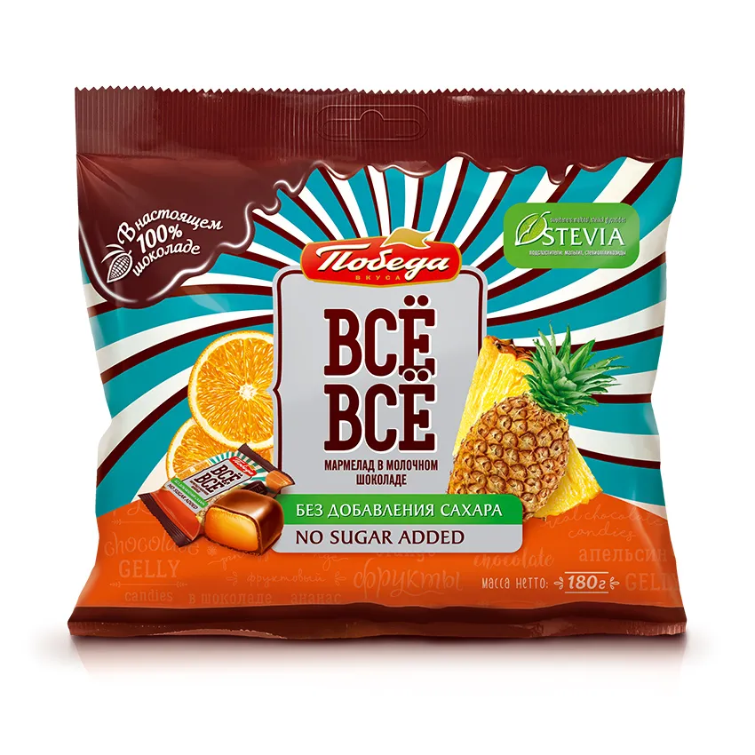 Мармелад желейный в молочном шоколаде «Всё-всё» со вкусами апельсина и ананаса без добавления сахара