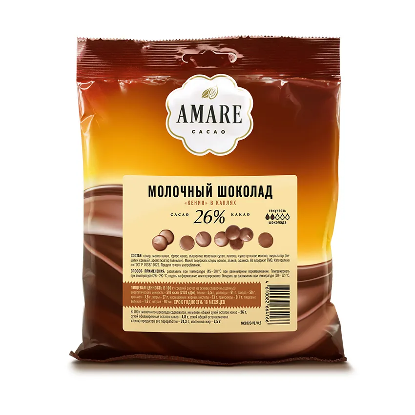 Amare шоколад молочный «Кения 26 % какао» в каплях, 200 г