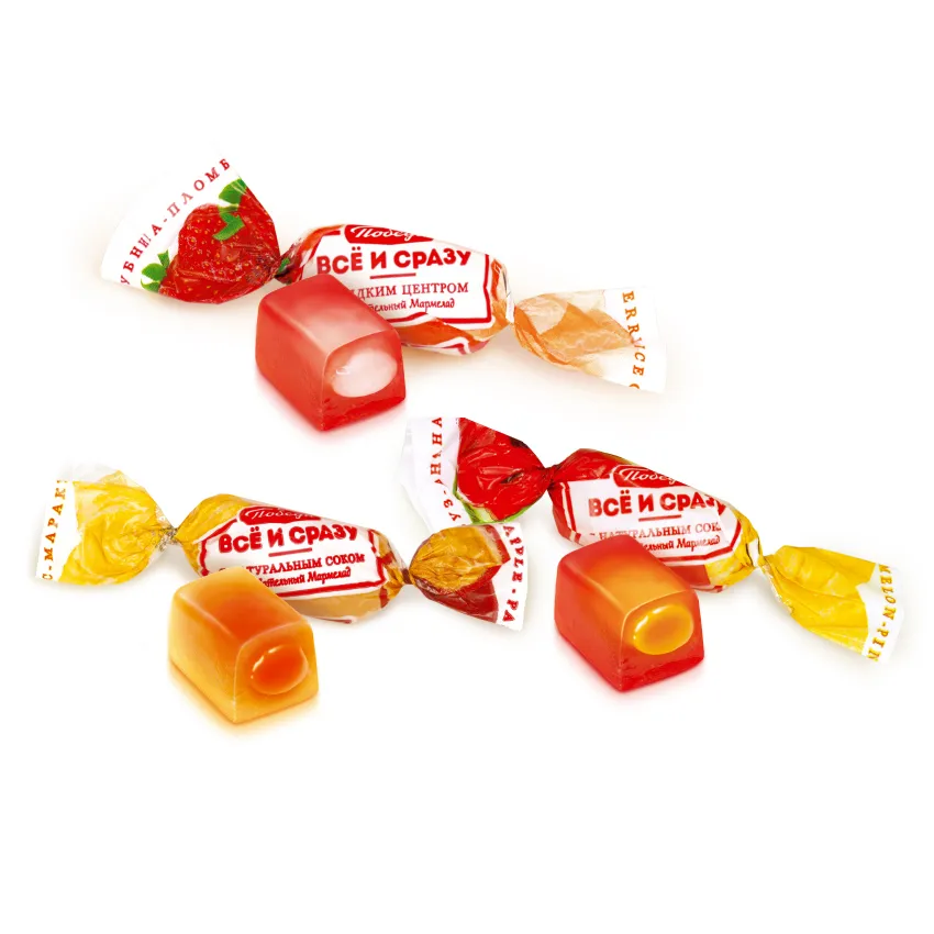 Мармелад жевательный «Всё и сразу» с фруктовой начинкой (клубника-пломбир, ананас-маракуйя, арбуз-ананас)