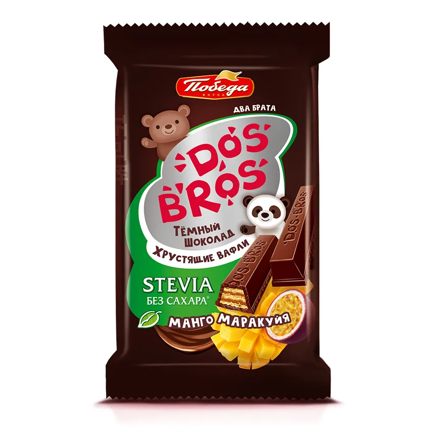 Шоколад темный "Dos Bros" с хрустящей вафлей с начинкой со вкусом манго-маракуйя без добавления сахара, 37 гр