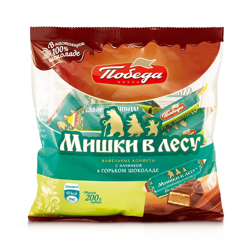 Конфеты вафельные с начинкой в горьком  шоколаде «Мишки в лесу»