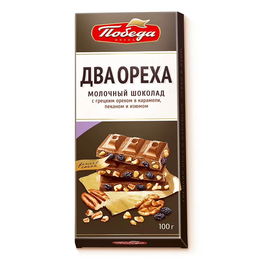 Шоколад «Молочный с грецким орехом в карамели, дробленым пеканом и изюмом»