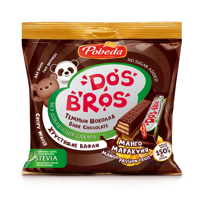 Шоколад темный "Dos Bros" с хрустящей вафлей с начинкой со вкусом манго-маракуйя без добавления сахара,150гр.