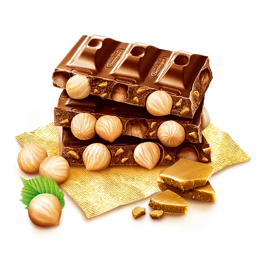 Шоколад «Тёмный с цельным фундуком и карамельной крошкой»