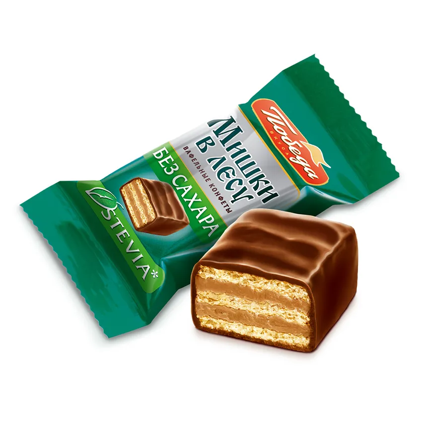 Конфеты вафельные без сахара «Мишки в лесу» в горьком шоколаде