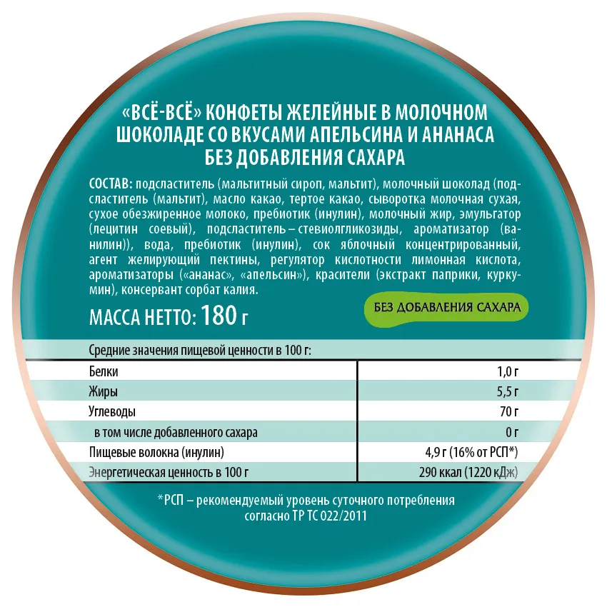 Мармелад желейный в молочном шоколаде «Всё-всё» со вкусами апельсина и ананаса без добавления сахара