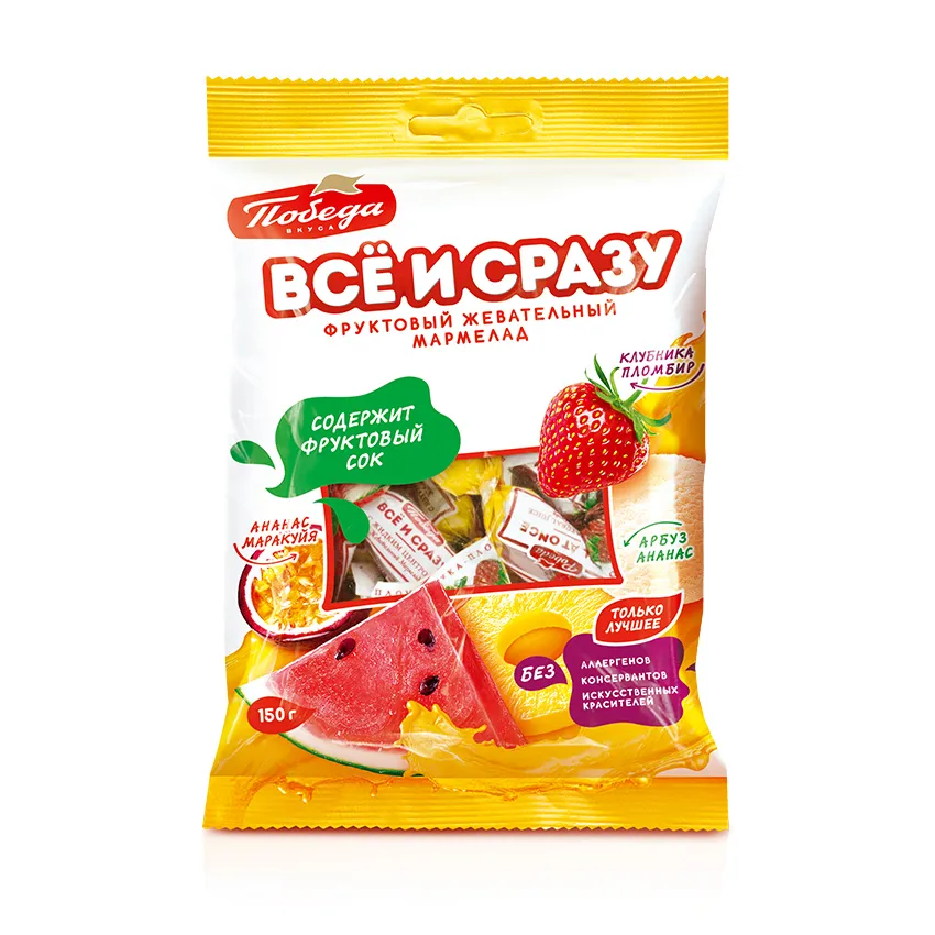 Мармелад жевательный «Всё и сразу» с фруктовой начинкой (клубника-пломбир, ананас-маракуйя, арбуз-ананас)