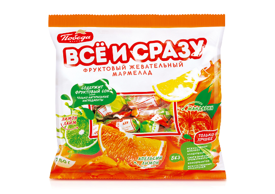

Мармелад жевательный «Всё и сразу» с цитрусовой начинкой (апельсин-лимон, лимон-лайм, сочный мандарин)