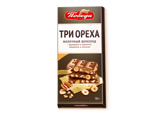 

Шоколад молочный с фундуком в карамели, дробленым миндалем и дробленым пеканом, 90гр/10 шт/кор