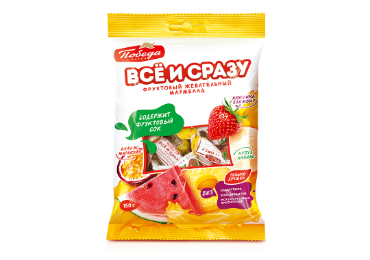 

Мармелад жевательный «Всё и сразу» с фруктовой начинкой (клубника-пломбир, ананас-маракуйя, арбуз-ананас)