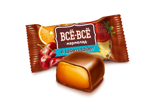 

Мармелад желейный в шоколаде «Всё-всё» со вкусами апельсина, вишни, ананаса, клубники